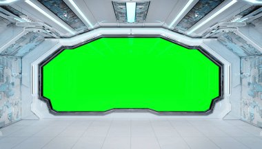 Beyaz mavi uzay gemisi fütüristik iç mockup pencere Manzaralı