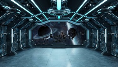 Koyu mavi uzay gemisi fütüristik iç spac pencere Manzaralı