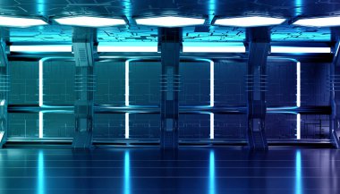 Koyu mavi uzay gemisi fütüristik iç ile teknik duvar paneli 3d 