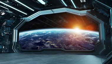 Koyu mavi uzay gemisi fütüristik iç planı üzerinde pencere Manzaralı