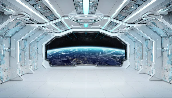 Branco azul nave espacial futurista interior com vista para a janela em pla — Fotografia de Stock