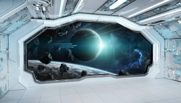 Beyaz mavi uzay gemisi fütüristik iç pencere manzaralı spa