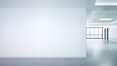 Büyük pencereler ve güneş pa ile parlak ofis mockup boş duvar