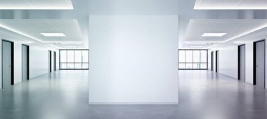 Büyük pencereler ve güneş p ile ofis mockup boş kare duvar