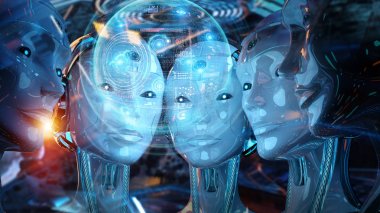 Dijital hologram ekranlar 3d r kullanarak kadın robotlar kafalarını grup