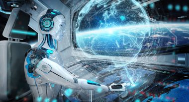 Robot bir beyaz modern uzay gemisi galibiyetle uçan bir kontrol odasında