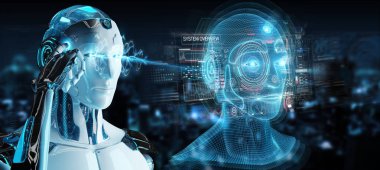 Dijital yapay zeka kafa Interfac kullanarak beyaz robot