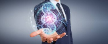 3D işleme dijital paragraf hukuk sembolü kullanarak iş adamı