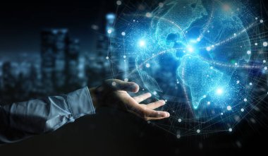 Amerika ABD harita dünya ağ hologram 3D kullanarak işadamı el