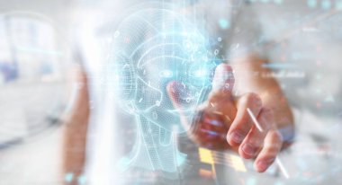 Dijital yapay zeka kafa arayüzünü kullanan işadamı