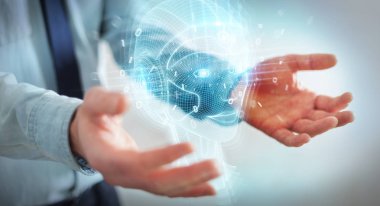 Dijital yapay zeka kafa arayüzünü kullanan işadamı