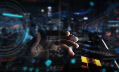 Verileri 3D ile dijital teknolojik arayüz kullanan işadamı 