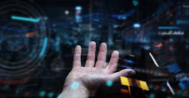 Verileri 3D ile dijital teknolojik arayüz kullanan işadamı 