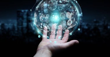 Hologram veriler dijital küre 3B oluşturmayı kullanarak iş adamı