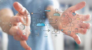 İnce çizgi sosyal ağ simgeleri arabirimini kullanarak iş adamı