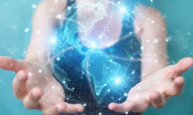 Amerika Birleşik Devletleri harita dünya ağ hologramı kullanarak Businesswoman 3D yeniden