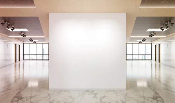 Parede em branco em mármore e maquete de escritório de madeira com grandes janelas — Fotografia de Stock