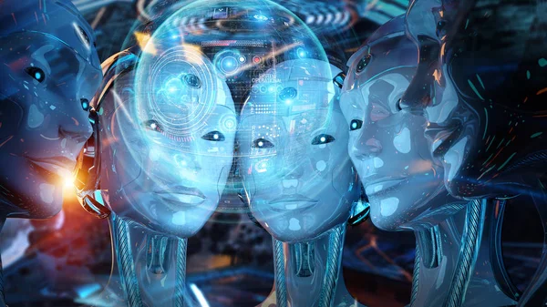 Dijital hologram ekranlar 3d r kullanarak kadın robotlar kafalarını grup — Stok fotoğraf