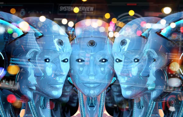 Group of female robots heads using digital hologram screens 3d r