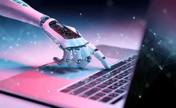 Robotic hand te drukken op een toetsenbord van een laptop 3d rendering — Stockfoto