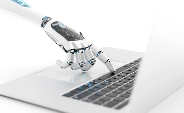 Witte robot cyborg hand op een toetsenbord op een laptop 3d rende te drukken — Stockfoto