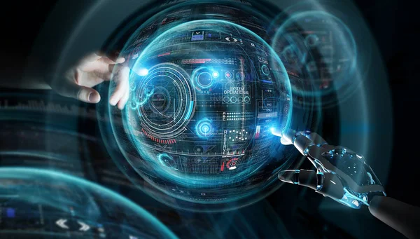 Mano de robot y mano humana tocando esfera digital gráfico interfac — Foto de Stock