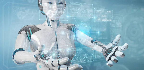Robot humanoide blanco usando interfaz tecnológica digital con —  Fotos de Stock