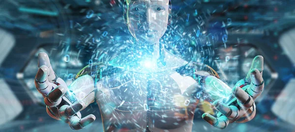 Weißer humanoider Roboter schafft neue futuristische Energiequelle — Stockfoto