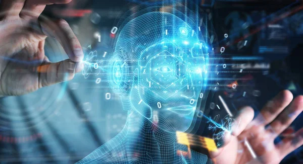 Affärsman med digital artificiell intelligens huvudgränssnitt — Stockfoto