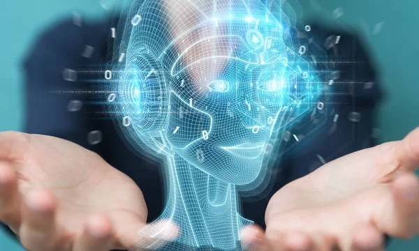 Woman using digital artificial intelligence head interface 3D re — Stock Photo, Image