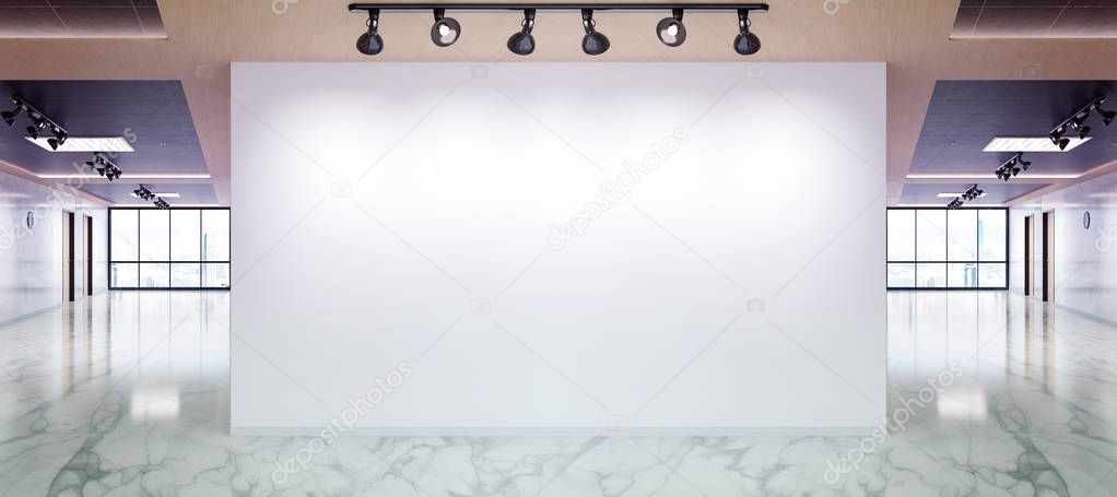 Blank wall in bright marble and wooden office mockup with large windows and sun passing through 3D rendering