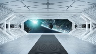 Beyaz mavi uzay gemisi fütüristik iç pencere manzaralı pla