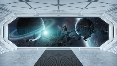 Beyaz mavi uzay gemisi fütüristik iç pencere manzaralı spa