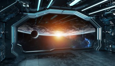 Koyu mavi uzay gemisi fütüristik iç planı üzerinde pencere Manzaralı