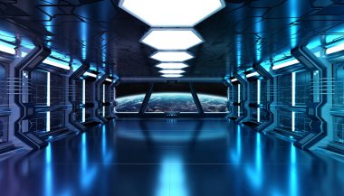 Koyu mavi uzay gemisi fütüristik iç planı üzerinde pencere Manzaralı