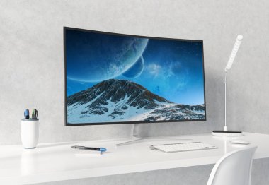 Beyaz masaüstü beton iç mockup 3d rend kavisli monitör