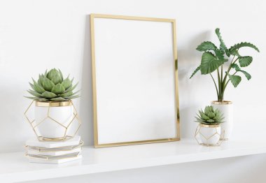 Bitki ve bitkiler ile parlak iç beyaz raf üzerinde eğilme çerçeve