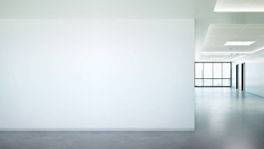 Büyük pencereler ve güneş pa ile parlak ofis mockup boş duvar