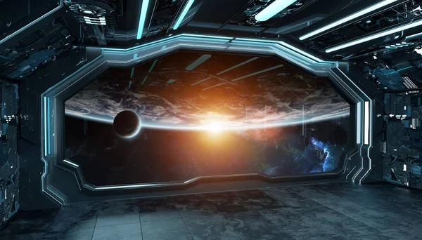 暗いブルーの宇宙船未来的なインテリア計画のウィンドウ ビュー — ストック写真