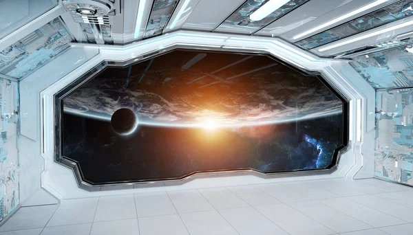 White blue spaceship futuristic interior with window view on spa — Stock Photo, Image