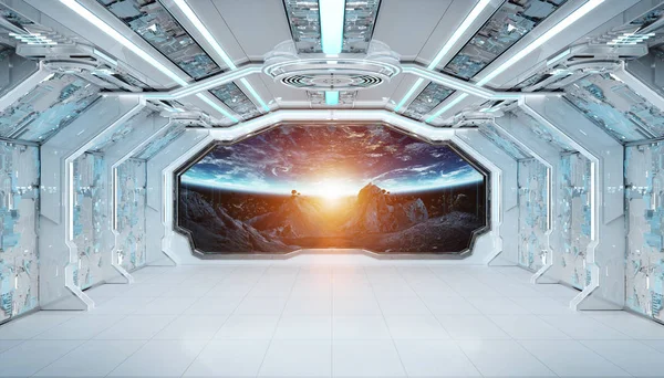 White blue spaceship futuristic interior with window view on spa