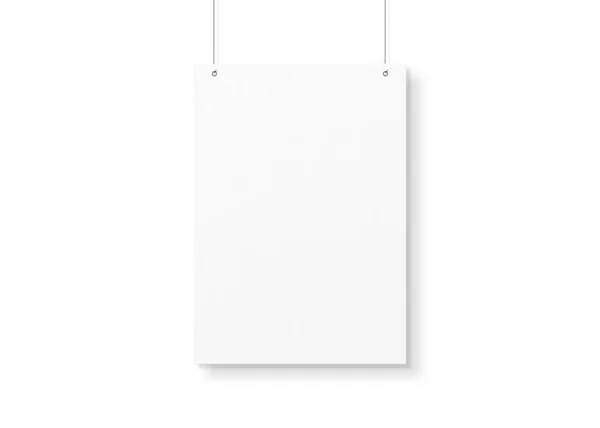 Bílý plakát izolované zavěšení na struny na stěně mockup 3d rende — Stock fotografie