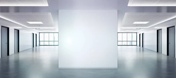 Blank squared wall in office mockup with large windows and sun p — Stock Photo, Image