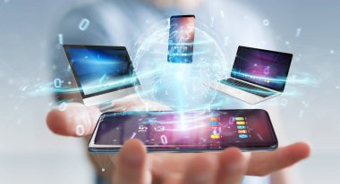 Modern cihazlarla 3d render işadamı elinde bağlı