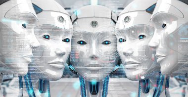 Dijital hologram ekranlar 3d r kullanarak kadın robotlar kafalarını grup