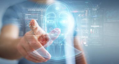 Dijital yapay zeka kafa arayüzünü kullanan işadamı