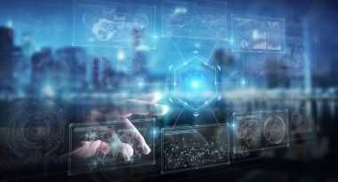 Verileri 3D ile dijital teknolojik arayüz kullanan işadamı 