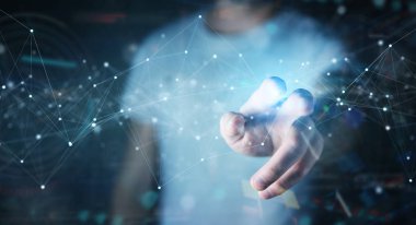 Nokta ile yüzen dijital ağ bağlantılarını kullanan işadamı