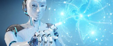 Beyaz robot kullanarak ağ hologram Amerika ABD ile dünya harita 3d
