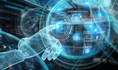 Wireframed mavi robot el karanlık arka grafik arabirimde dokunmadan